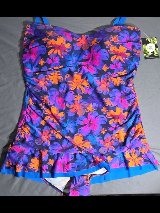 Mazu Swim Other - Tropical Floral Ruffle Tank One-Piece Swimsuit - Blue/Purple/Orange